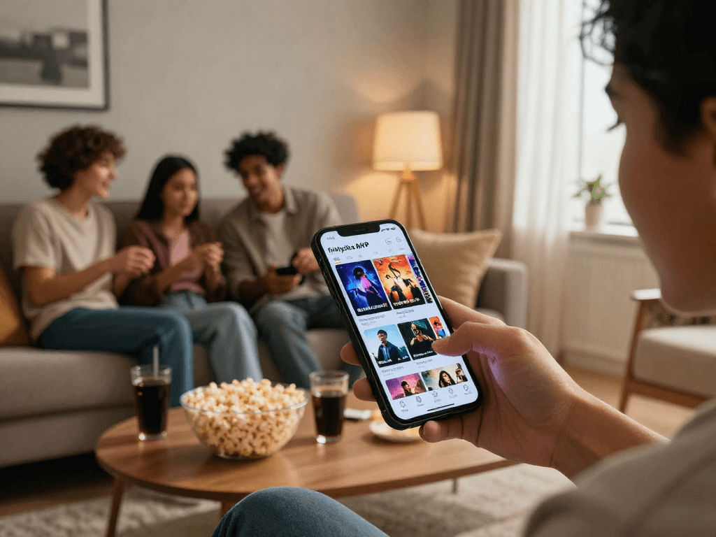 Watch filmyzilla APK on smartphone in cozy living room with friends and popcorn.