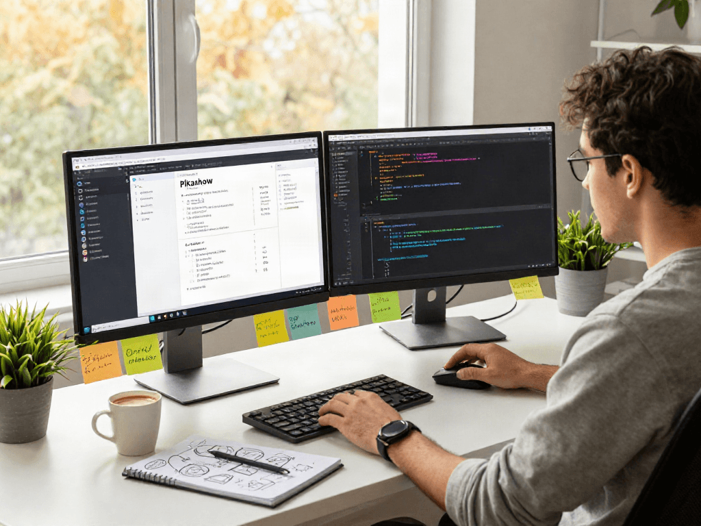 Pikashow app development workspace with screens showing coding and user interface.