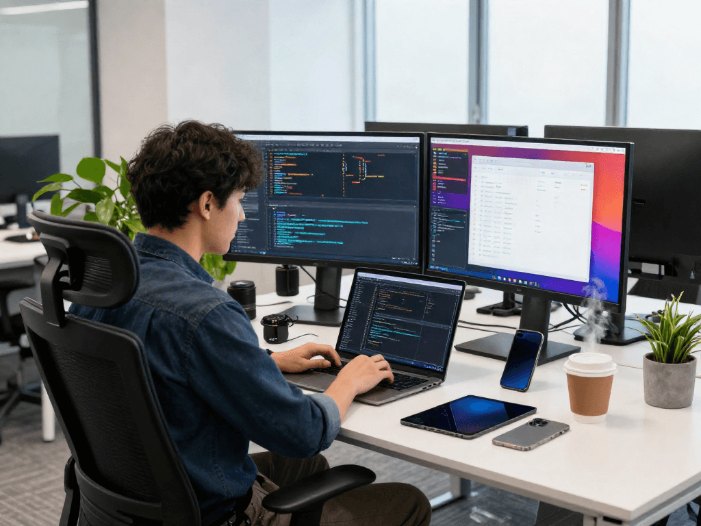 Software developer coding on a laptop in a dynamic workspace, showcasing the pikashow app development.