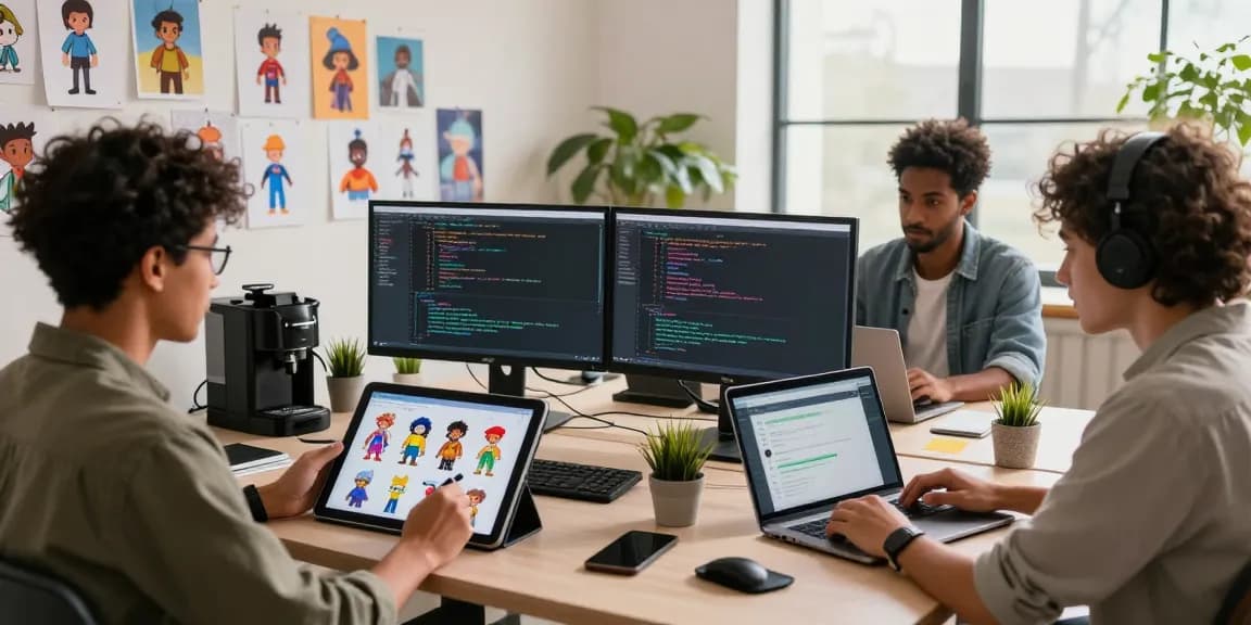 Character AI NSFW design collaboration scene with creators drafting characters, coding, and analyzing data in a vibrant digital art studio.