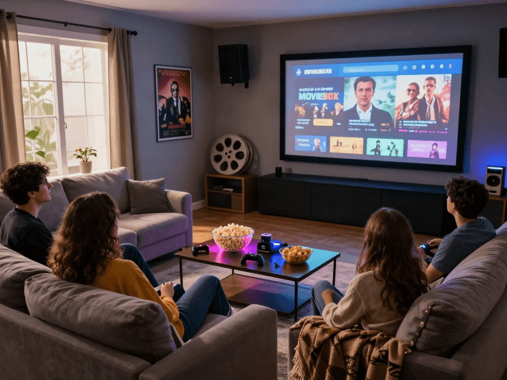Friends enjoying a movie night with the Moviebox app in a cozy home theater.