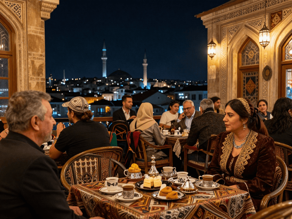 Diyarbakır escort hizmeti için şık bir kafe ortamında oturan kadın, geleneksel Türk kahvesiyle süslü masa ve tarihi mimari arka planda.