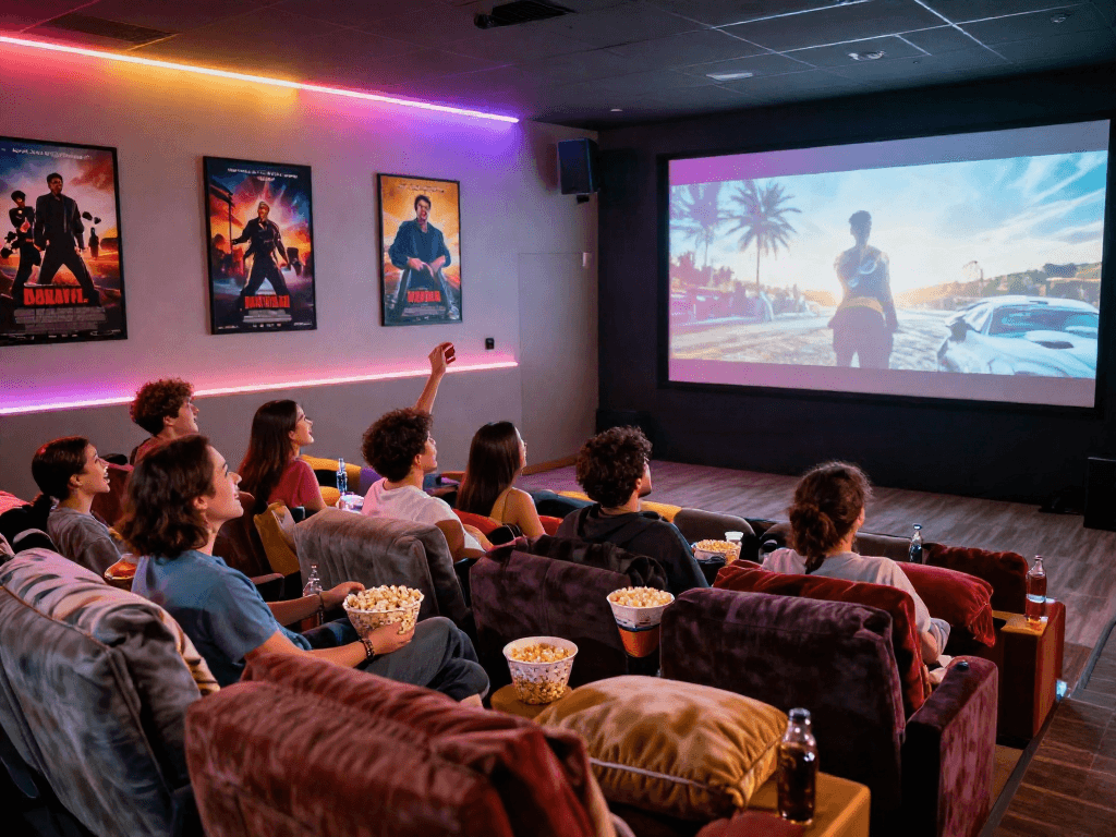 Friends enjoying a moviebox night in a cozy home theater with popcorn and drinks.