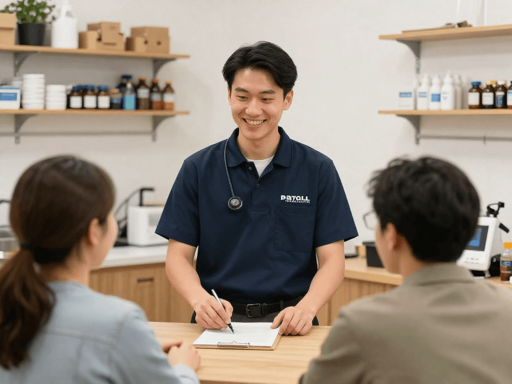 수원OP를 제공하는 신뢰할 수 있는 지역 비즈니스의 직원들이 친절하게 고객을 응대하는 모습.