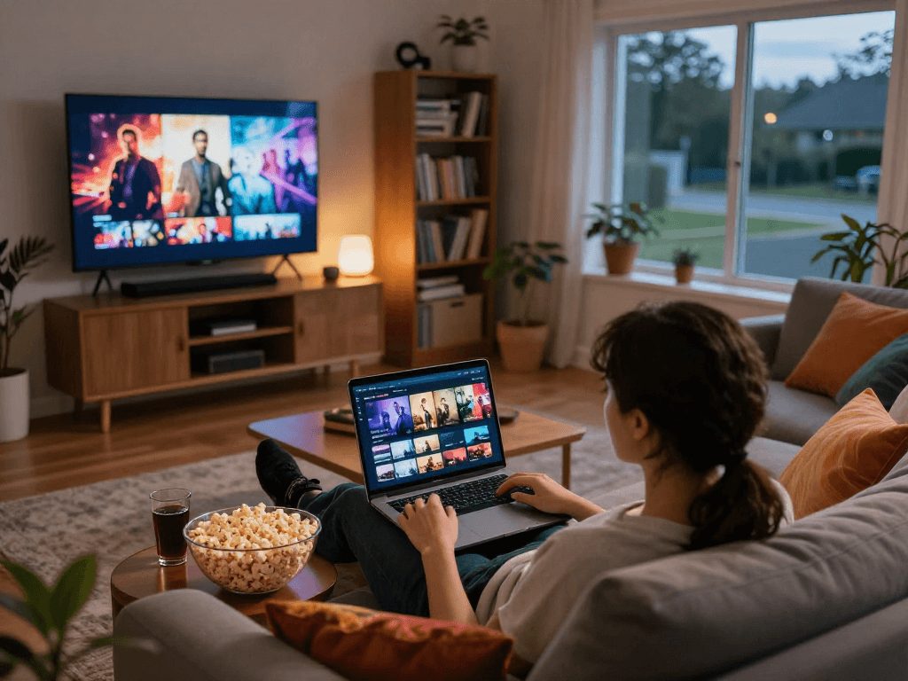 Engaging filmyzilla download scene showing a person streaming films at home with cozy setup.