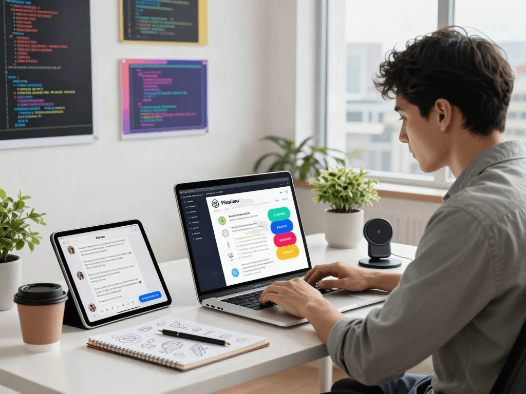 Showcasing a developer working on the Pikashow APK at a vibrant desk with design elements.
