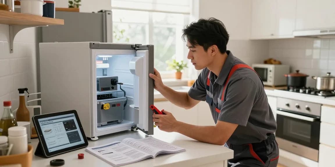Expert freezer repair service technician inspecting unit with tools in modern kitchen.