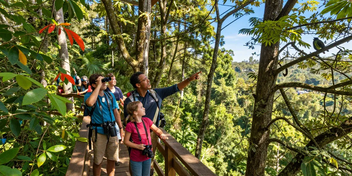 Treetop Walkway featuring adventurers exploring the forest canopy and capturing nature's beauty from above.
