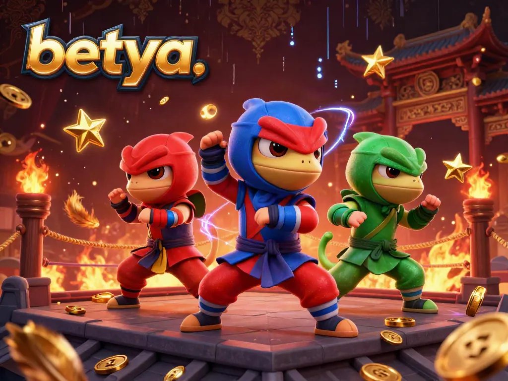 Experience the thrill of betya casino with ninja chameleons in action amidst golden coins and vibrant casino elements.