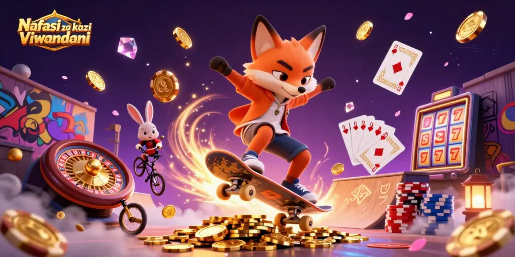 Nafasi za kazi Viwandani brings excitement with cartoon characters riding BMX and performing tricks amid casino elements.