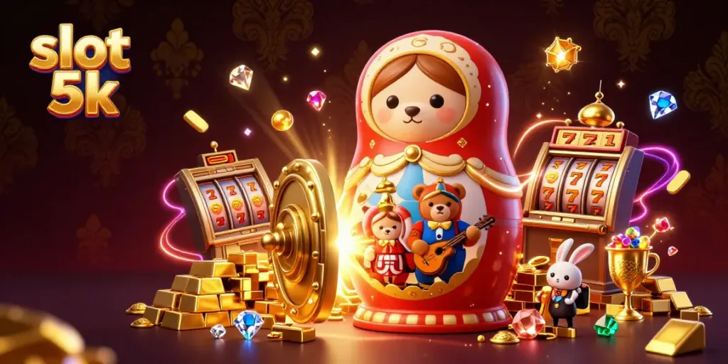 Experience thrilling wins at slot 5k with this vibrant illustration of casino characters and treasures.