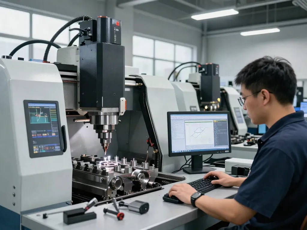 cnc machining parts manufacturer workshop with technicians operating machines and precision tools