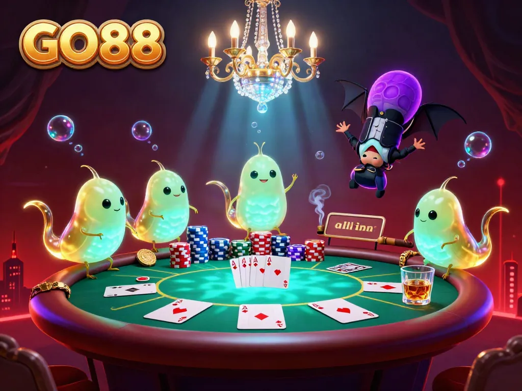 Experience the glow of GO88 with this animated casino scene featuring glowworms lighting up a poker table.