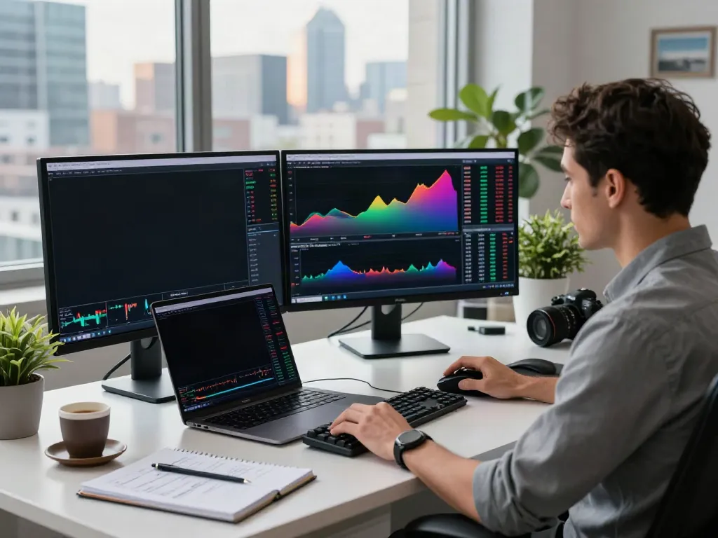 Analyst using TradingView charts in a modern tech workspace with city skyline view.