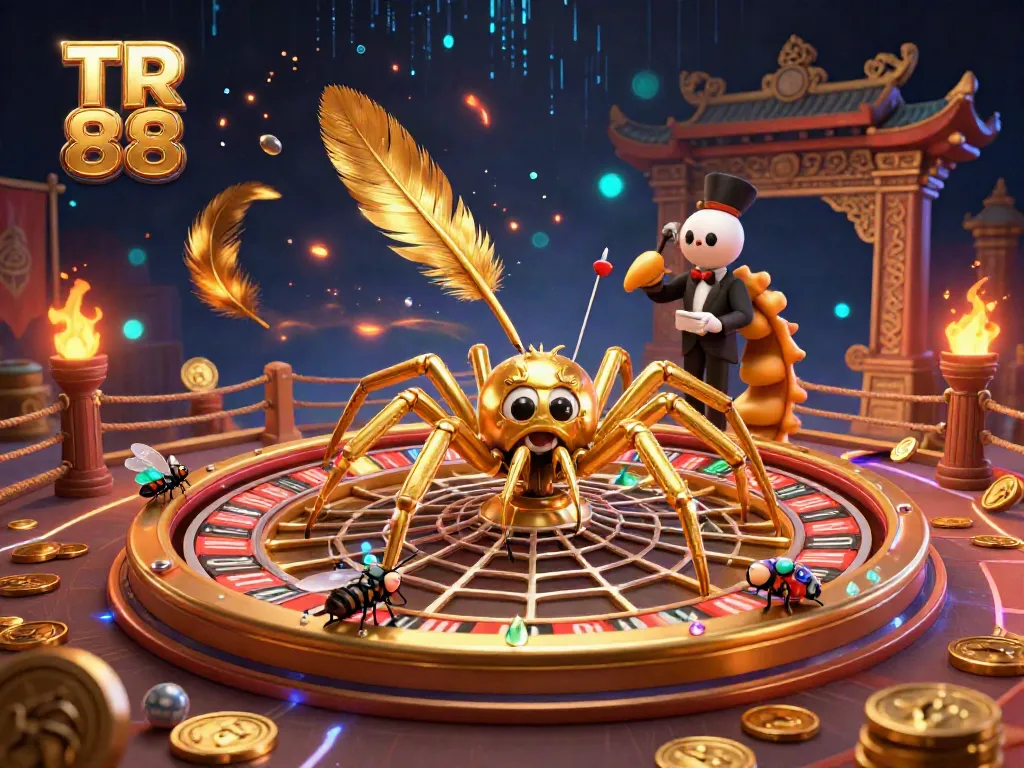 Engage in thrilling bets at TR 88 with the golden spider croupier in a casino web-themed scene.