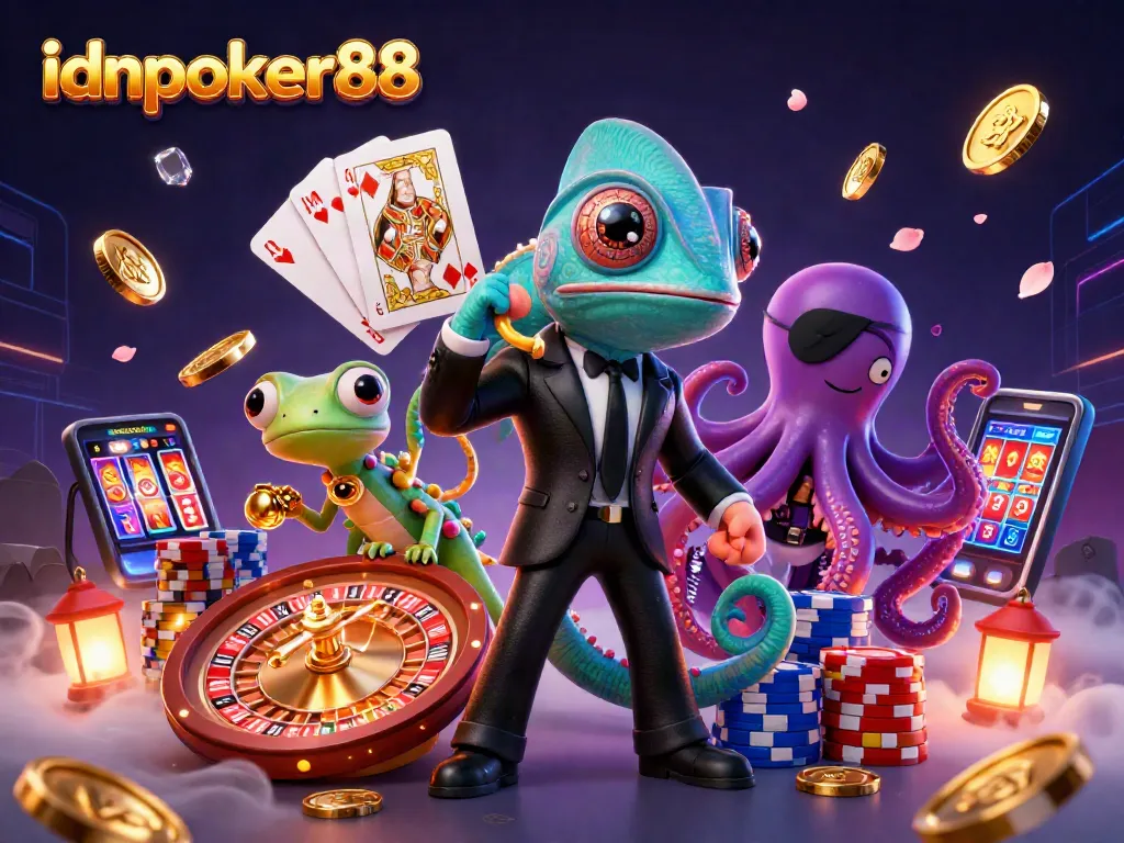 Experience the excitement of idnpoker88 with a dynamic casino scene featuring epic characters and winning elements.
