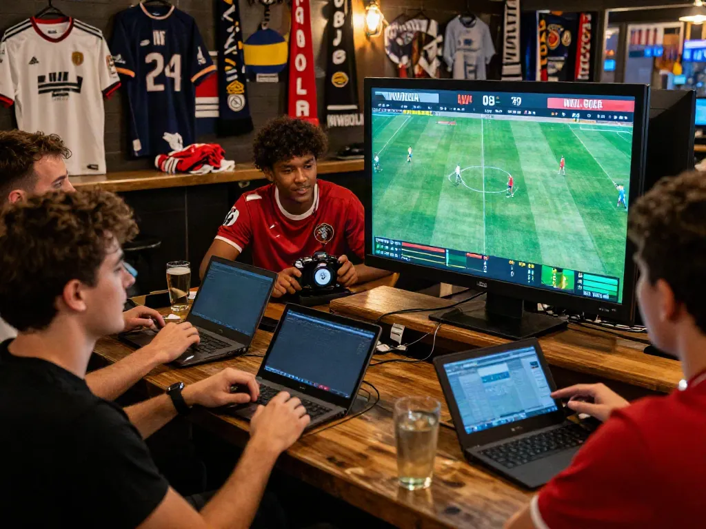 Engaged fans celebrating a soccer win while using the WWBOLA sports betting app in a lively bar.