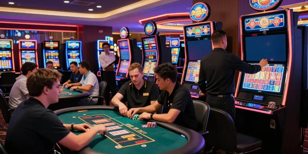 Ratutogel, suasana ruang permainan dengan pemain dan operator menjelaskan potongan diskon.