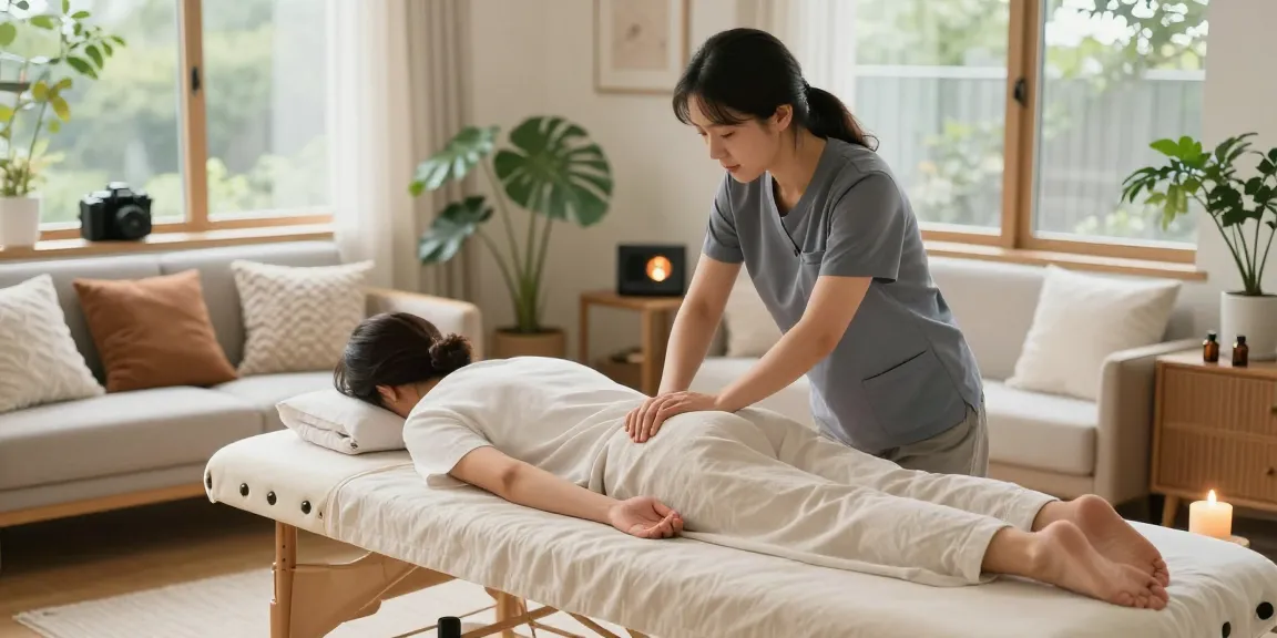 Experience 강서구출장안마 with a serene massage at home, featuring a professional therapist, calming decor, and a warm atmosphere.