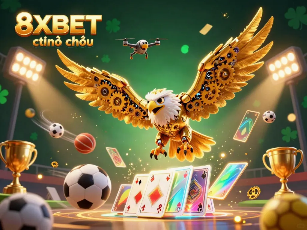 Join the thrilling action with 8XBET chính thức, showcasing a cybernetic eagle soaring through holographic cards and dynamic sports elements.