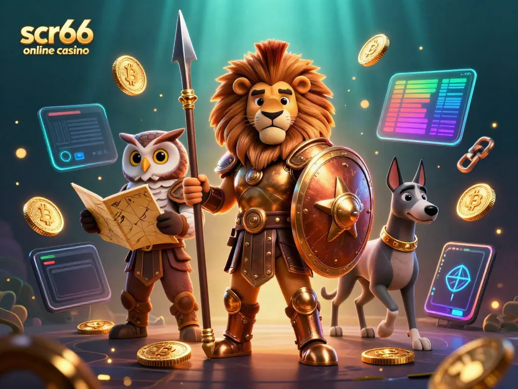 Experience the thrill at scr66 online casino with a dynamic illustration featuring a Spartan lion and crypto elements.