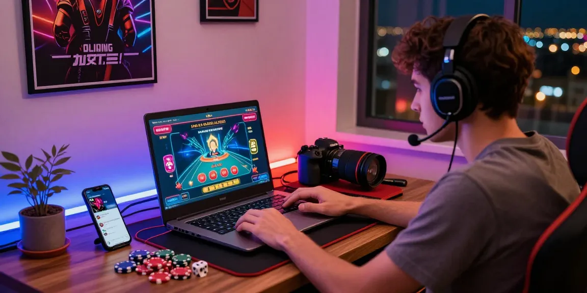 Player engaging in situs888 login at a lively gaming setup with vibrant visuals.
