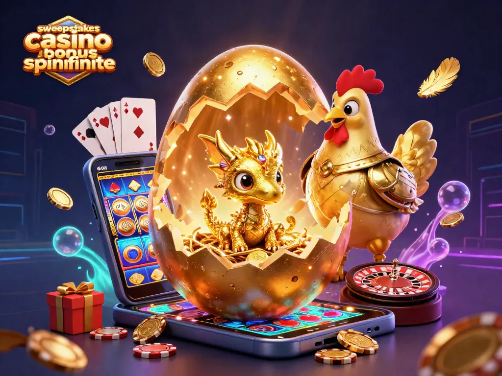 Play with sweepstakes casino bonus spinfinite in an enchanting 3D scene filled with golden treasures and casino magic.