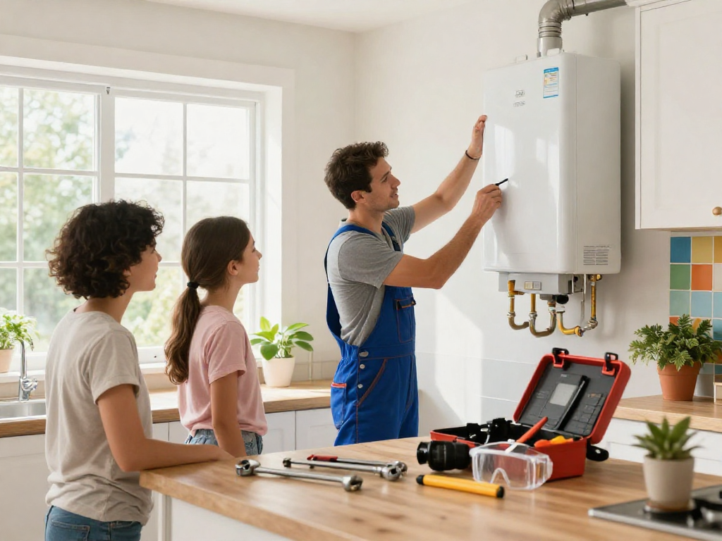 Water heater replacement Fort Worth with technician installing a new heater in a bright home kitchen.