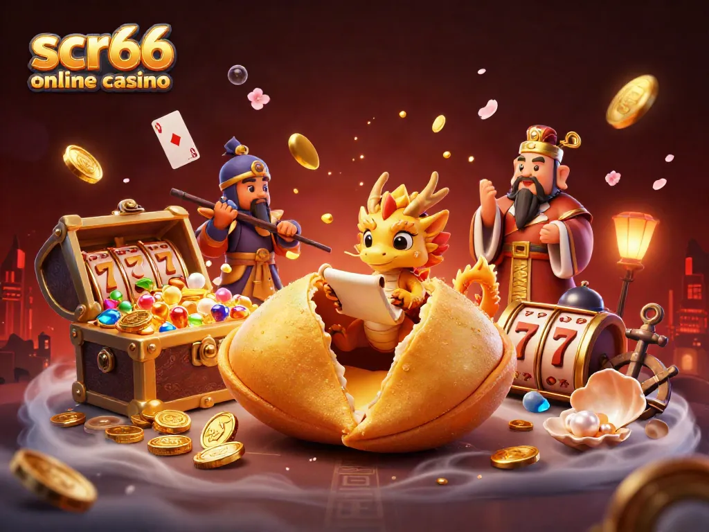 Engage with scr66 online casino featuring a vibrant 3D illustration of casino games and a wise dragon.