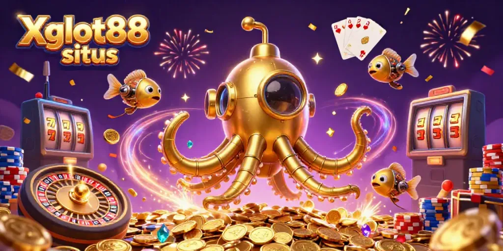 Ilustrasi 3D yang memikat menunjukkan Xgslot88 situs dengan karakter kraken emas dan berbagai elemen kasino yang menakjubkan.