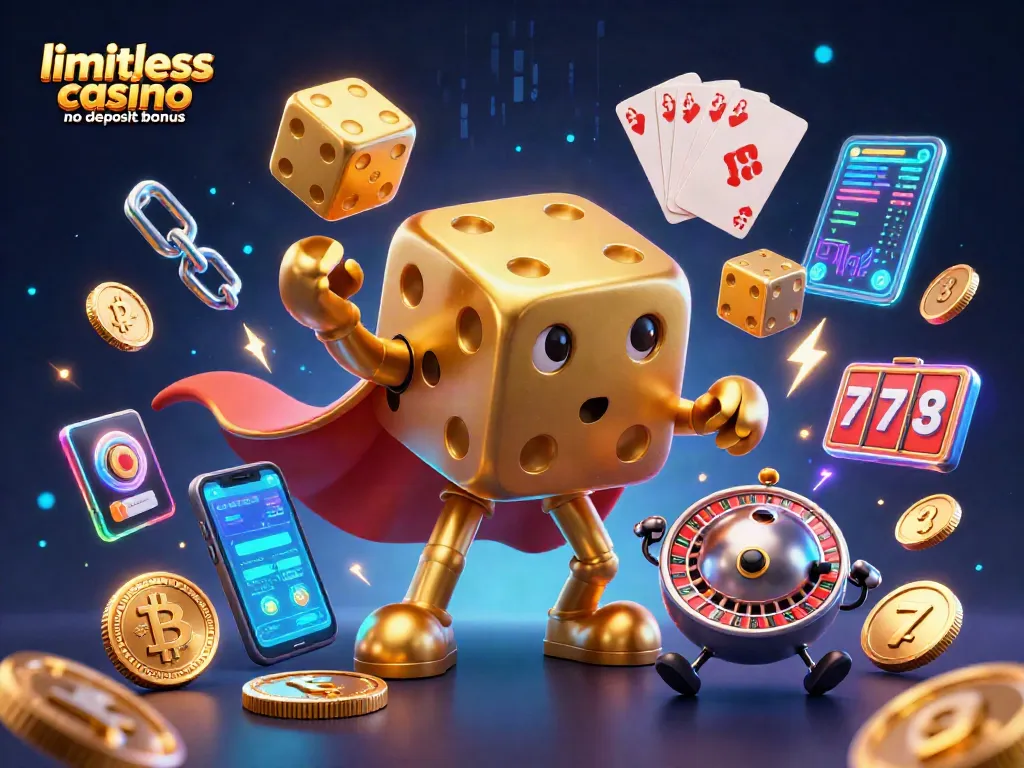 Experience winning opportunities with the limitless casino no deposit bonus; golden dice and crypto coins lighting up the scene.