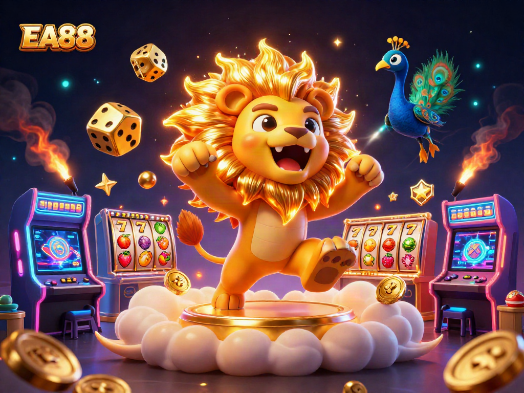 EA88 gaming illustration featuring a roaring lion amidst slot reels and glowing game elements.