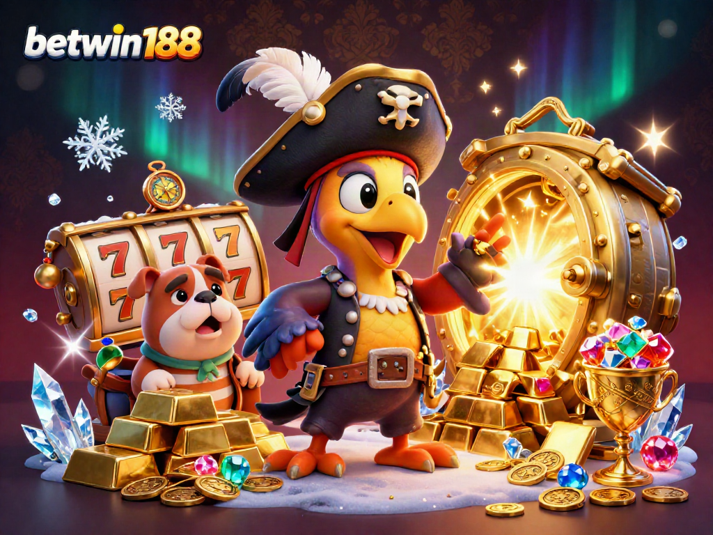 Engage with betwin188 at a vibrant casino-themed illustration featuring pirate characters and slot reels.