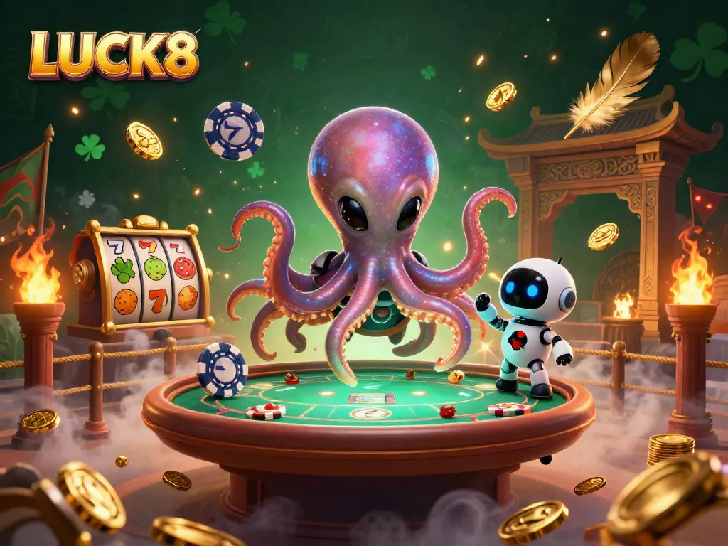 Immerse yourself in LUCK8's thrilling casino scene with vibrant slot reels and a lively alien poker table.