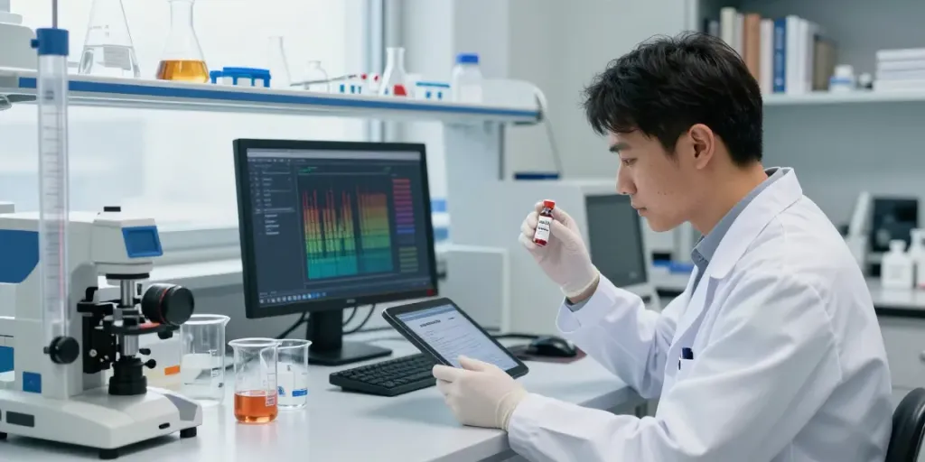 Discover ADAMAX peptide research in a professional lab setting with high-quality equipment and analysis.