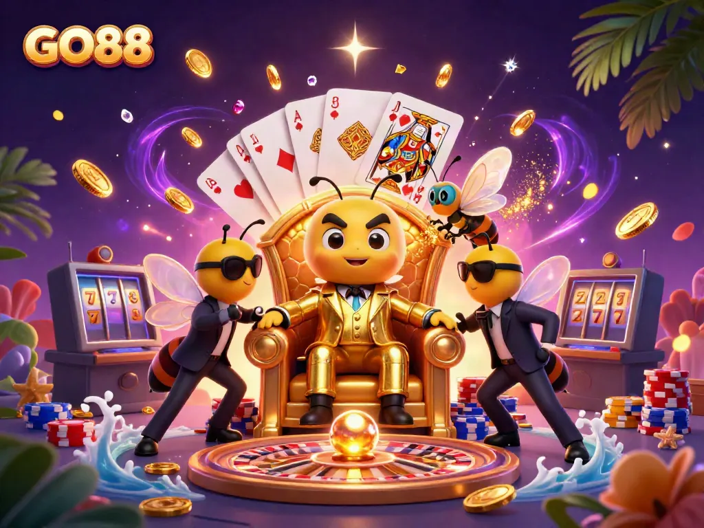 Experience the thrill of GO88 with lively characters and casino elements in a vibrant, dynamic scene.
