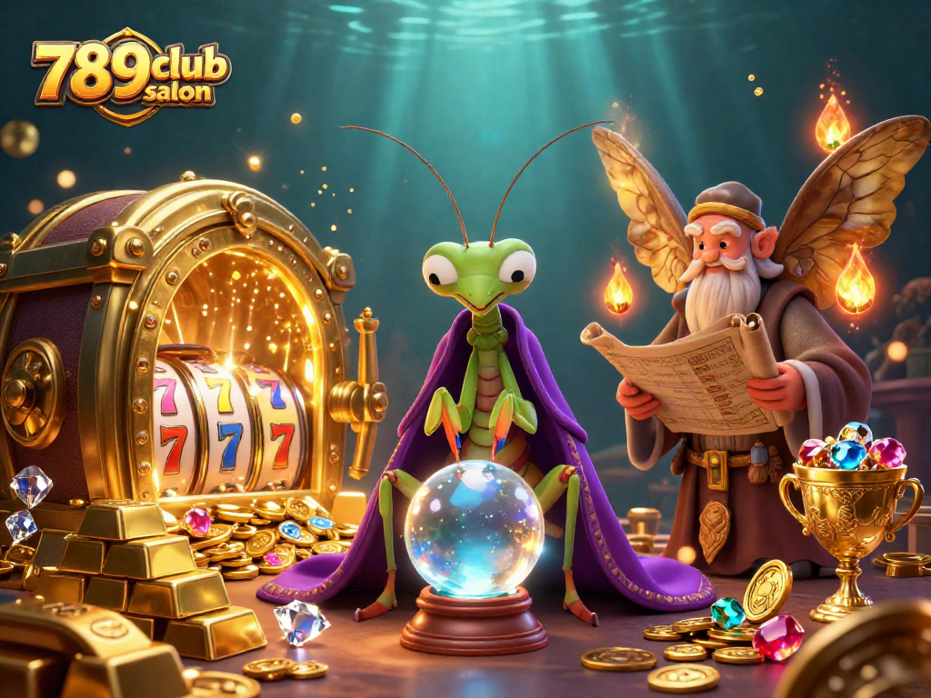 Engage in exciting games at 789club salon with vibrant illustrations of slots and fortune tellers.