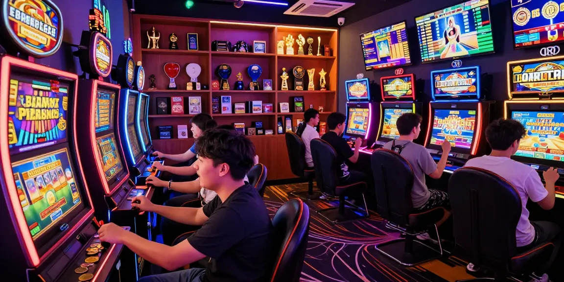 Excited players enjoying bandar slot games in a vibrant gaming lounge.
