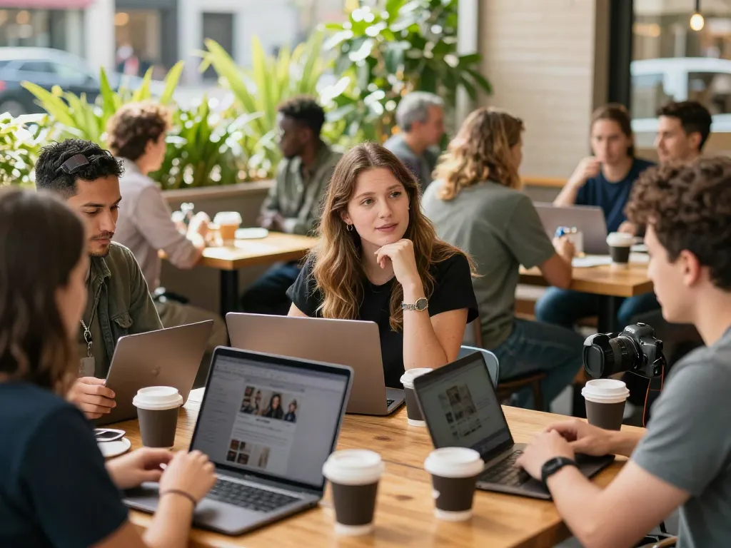 Chloe Sunderland discussing modern issues with diverse individuals at a café.