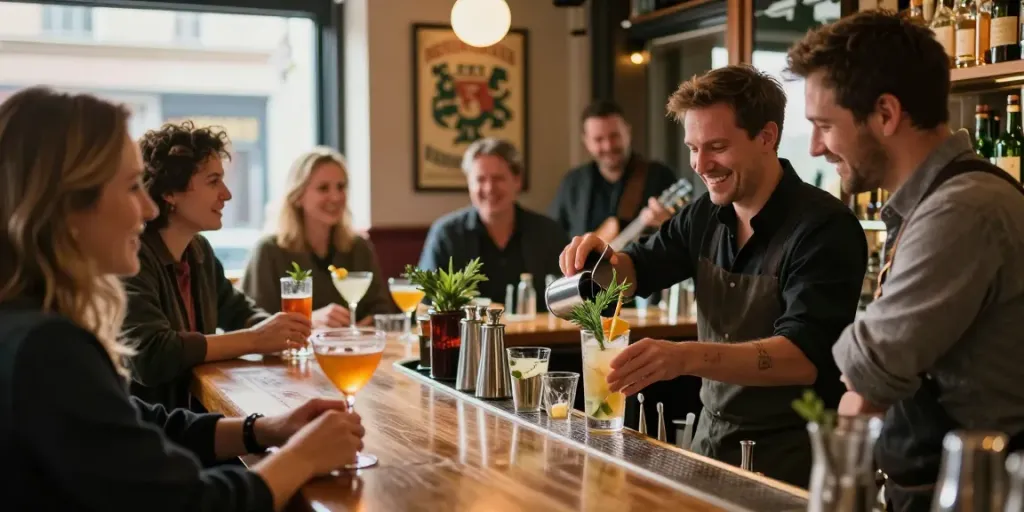 Pengunjung menikmati suasana di https://thekegroomnyc.com/ dengan koktail dan percakapan santai.