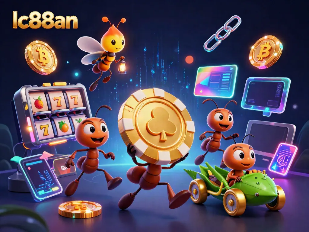 Engaging illustration of lc88an with ants carrying a poker chip amidst casino-themed elements and crypto coins.