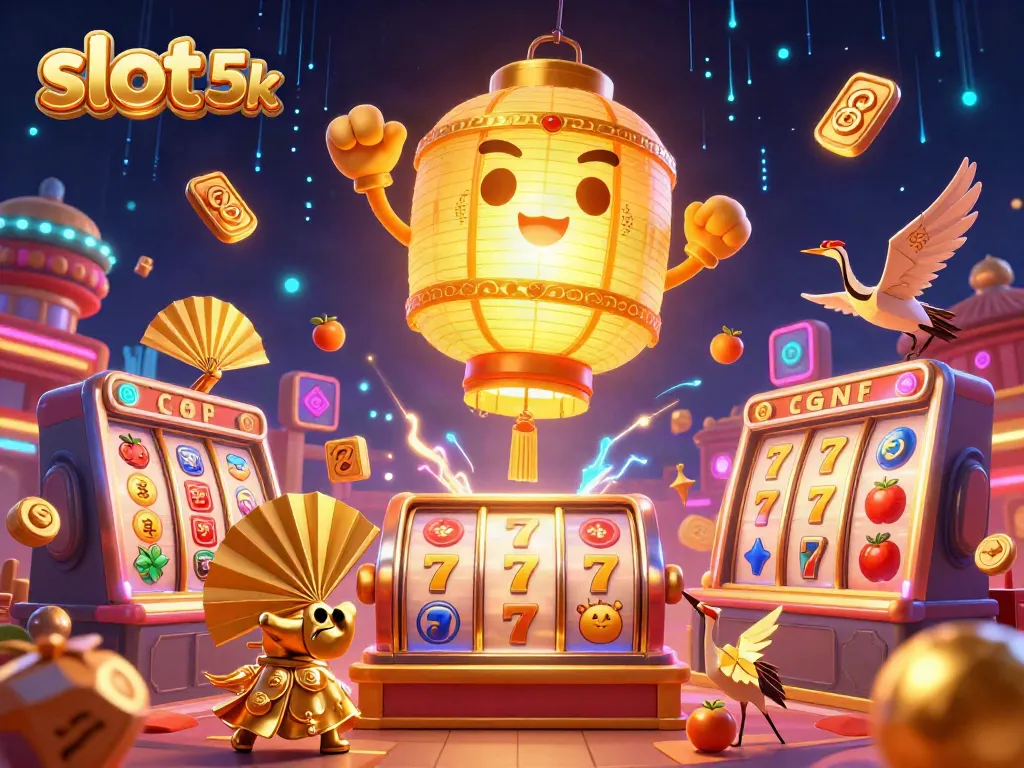 Experience slot 5k excitement with glowing lantern spirits and spinning reels in a vibrant casino night scene.