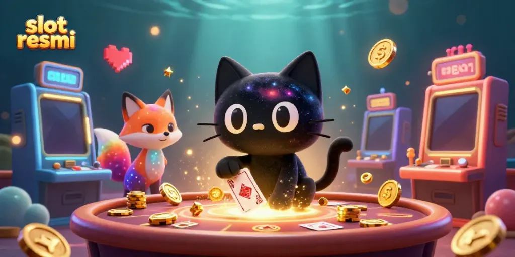 Experience the excitement of slot resmi with a cartoon black hole cat and nebula fox amidst vibrant casino elements.