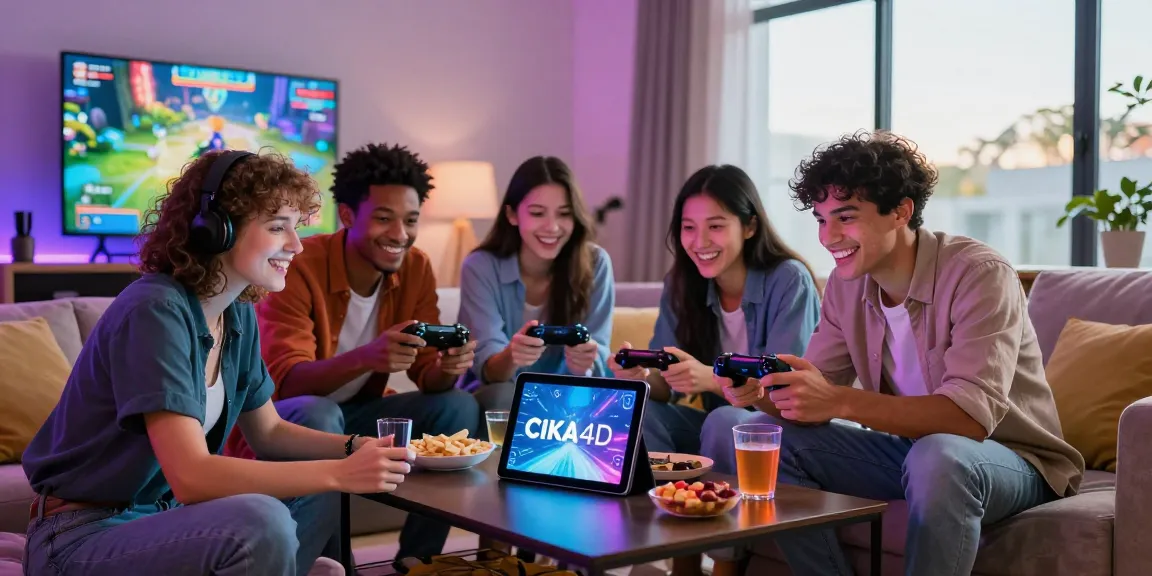 Friends enjoying an interactive game on CIKA4D in a modern living room.