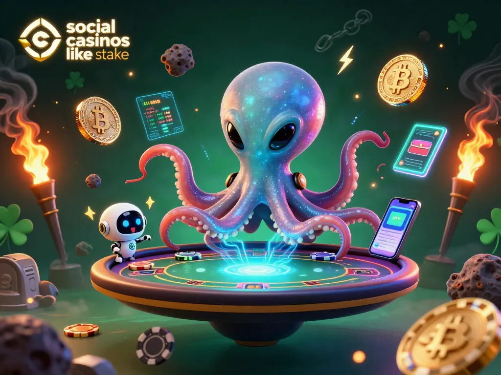 Enjoy exciting gameplay at social casinos like stake with a vibrant alien octopus and crypto elements.