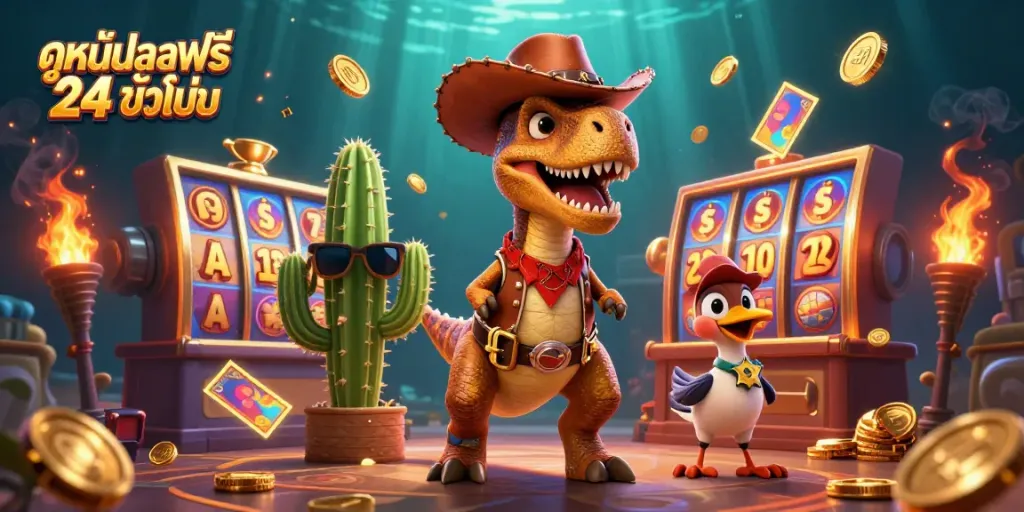 Experience ดูหนังออนไลน์ฟรี 24 ชั่วโมง with this vibrant 3D illustration of a cowboy dinosaur, a cactus, and a roadrunner in a casino setting.