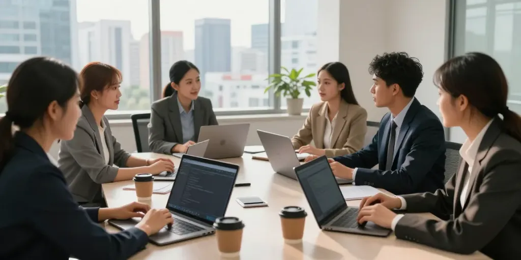 Nhóm chuyên gia tại văn phòng hiện đại, thảo luận về n188 trong không gian sáng tạo.