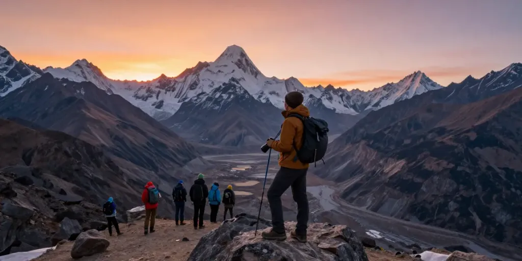 Manaslu Circuit trekker enjoying views from Larkya La Pass at sunrise, surrounded by stunning Himalayan peaks.