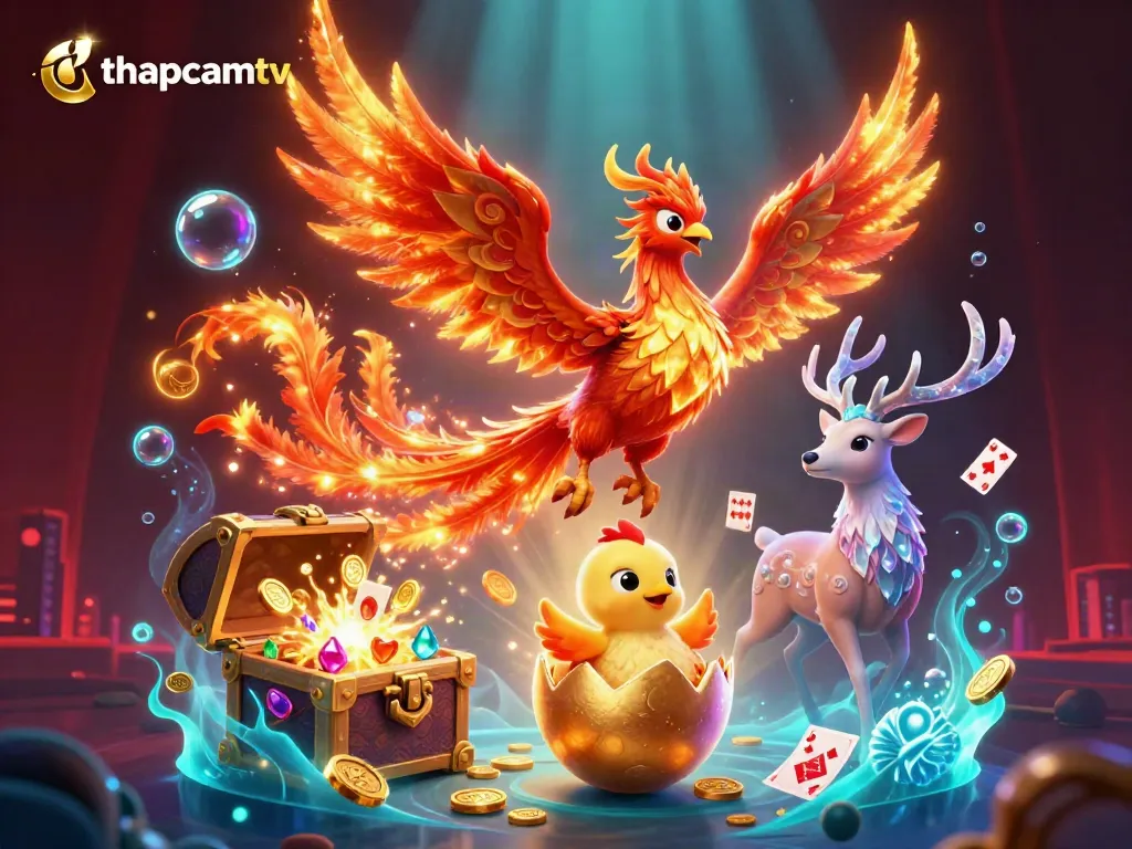 Experience thrilling gameplay with thapcamtv's vibrant casino-themed illustration featuring a phoenix and gaming elements.