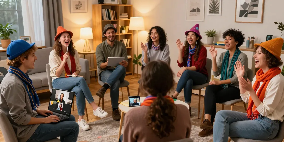 Adults participating in online improv classes for adults, showcasing creativity and engagement in a virtual environment.